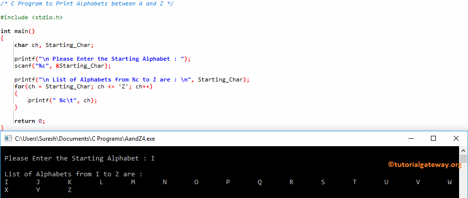 C Program To Print Alphabets Between A And Z